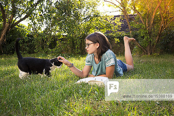 Mädchen mit Buch auf einer Wiese im Garten liegend kitzelt Katze