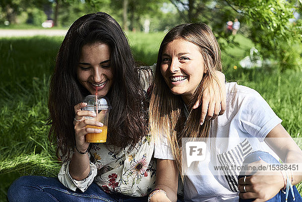 Porträt von zwei glücklichen jungen Frauen  die bei einem Picknick im Park Saft trinken