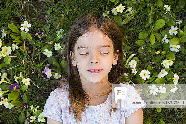 Portrait of girl lying on flower meadow  top view