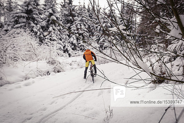Mann mit Mountainbike auf Weg im Winterwald