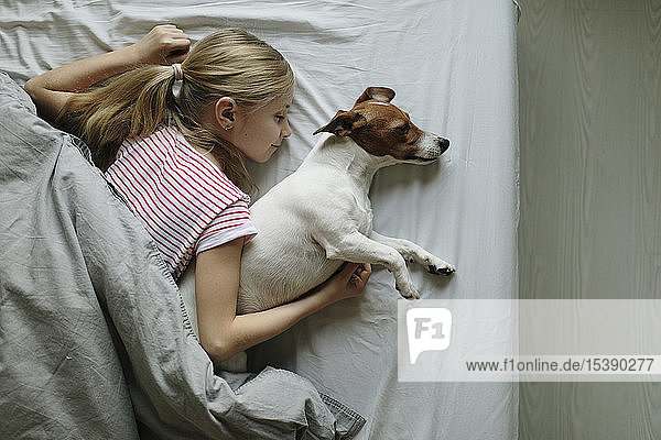 Blondes Mädchen im Bett liegend ihr Hund schläft Draufsicht