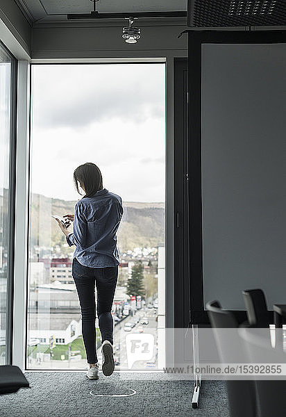 Rear view of businesswoman with cell phone standing at the window in office