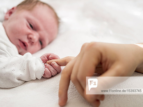 Newborn girl holding mothers finger