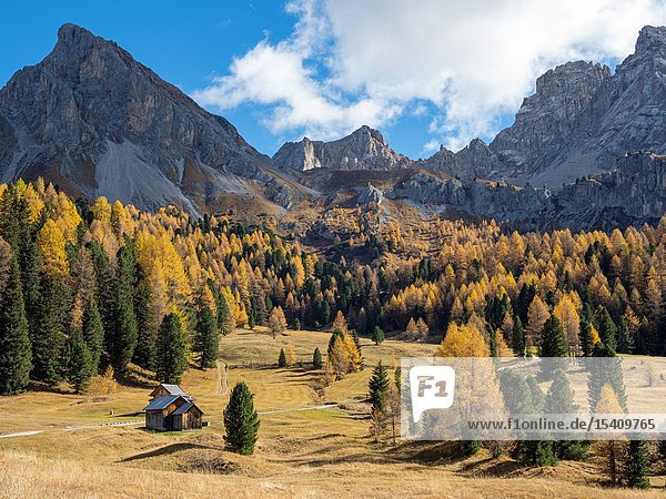 Val San Nicolo in Val di Fassa. Marmolada mountain range in the Dolomites of Trentino. Dolomites are part of the UNESCO world heritage. Europe Central Europe Italy.