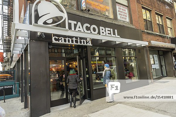 New York NY/USA-December 19 2018 A spanking brand new Taco Bell Cantina franchise in the Chelsea neighborhood of New York on Wednesday December 19 2018. Taco Bell is opening smaller format Cantina and Urban In-Line restaurants throughout New York City with amenities such as wi-fi and local artwork with the Cantinas serving alcohol. (© Richard B. Levine).