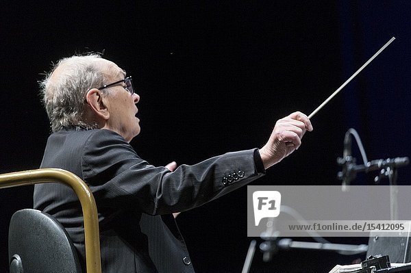 Madrid Spain- May 07: Italian composer and conductor Ennio Morricone performs on stage during The Final Concerts at the WiZink center on may 07 2019 in Madrid Spain (Photo by: Angel Manzano)