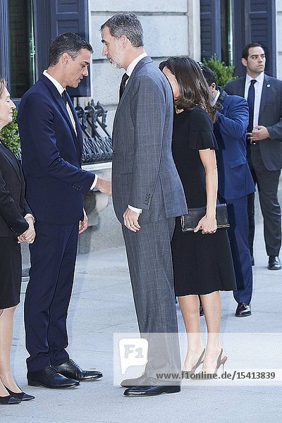 King Felipe VI of Spain Queen Letizia of Spain Pedro Sanchez Prime Minister Ana Pastor attends Alfredo Perez Rubalcaba Funeral Chapel In Madrid at Congreso de los Diputados on May 10 2019 in Madrid Spain