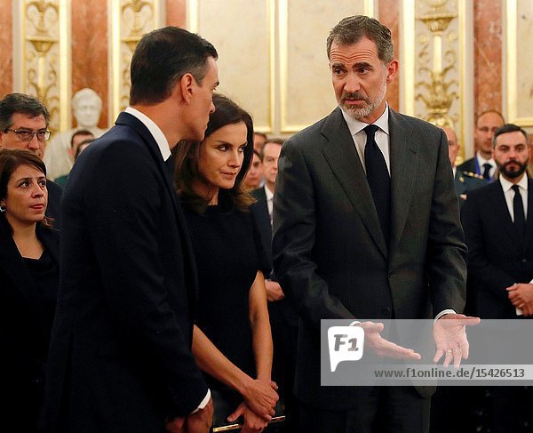 King Felipe VI of Spain Queen Letizia of Spain attends Alfredo Perez Rubalcaba Funeral Chapel In Madrid at Congreso de los Diputados on May 10 2019 in Madrid Spain