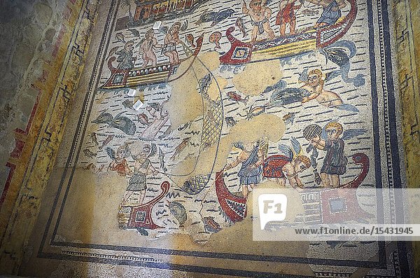 Wide picture of the Roman mosaics of the Room of Fishing Cupids depicting cupids fishing from boats room no 24 at the Villa Romana del Casale first quarter of the 4th century AD. Sicily Italy. A UNESCO World Heritage Site.
