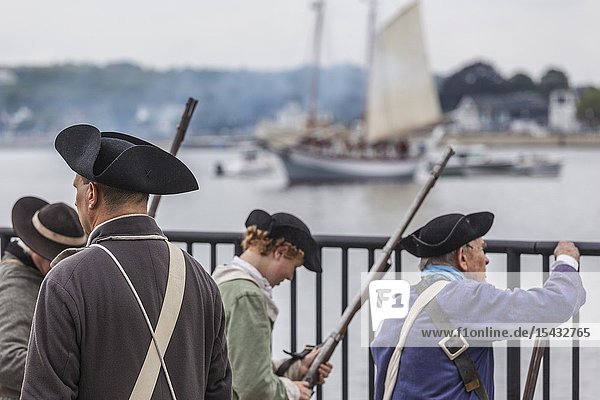 USA New England Massachusetts Cape Ann Gloucester re-enactors of the Battle of Gloucester August 8-9 1775 battle convinced the Americans of the need of creating an American Navy to fight against the British NR.