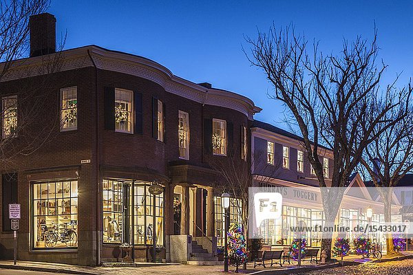 USA New England Massachusetts Nantucket Island Nantucket Town storefront Christmastime.