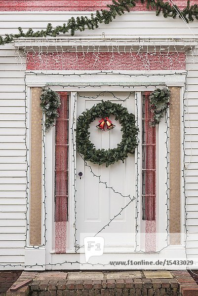 USA New England Massachusetts Cape Cod Provincetown door with Christmas wreath.