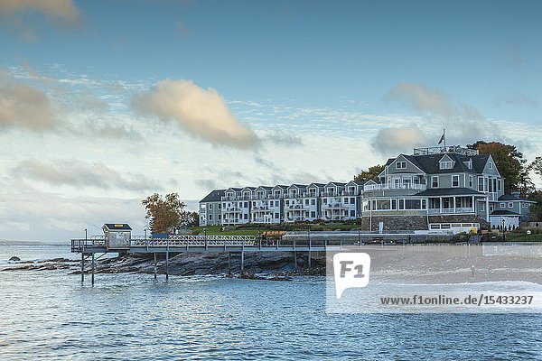USA Maine Mt. Desert Island Bar Harbor Bar Harbor Inn hotel autumn dusk.