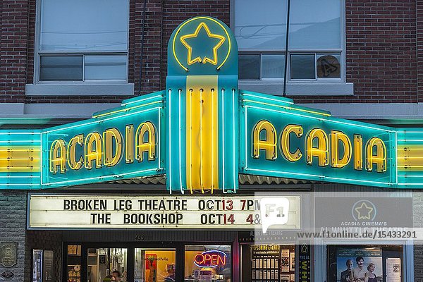 Canada Nova Scotia Annapolis Valley Wolfville Acadia Theater neon marquee dusk.
