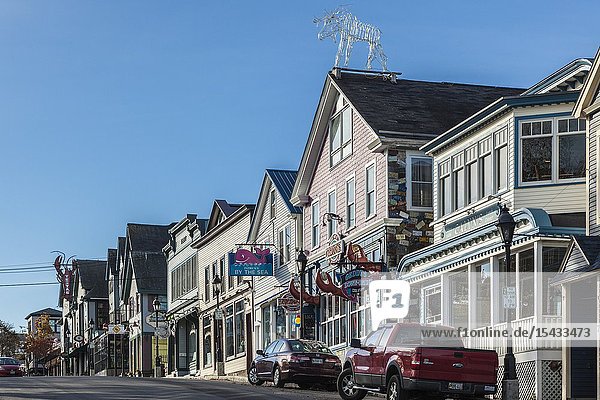 USA Maine Mt. Desert Island Bar Harbor restaurants along Main Street autumn morning.