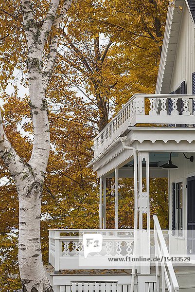 USA Maine Bayside Bayview Cottages oceanside community of cottages at former religious themed resort cottage autumn.