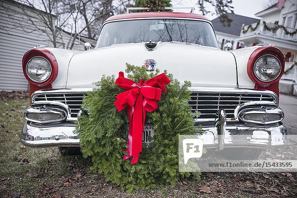USA Maine Kennebunkport antique Ford car with Christmas wreath.