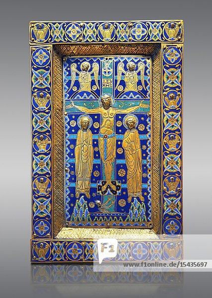 Medieval enamelled panel depicting the Crucifixion end of 12th cent from Limoges enamel on gold. AD. Inv OA 7285 The Louvre Museum Paris.