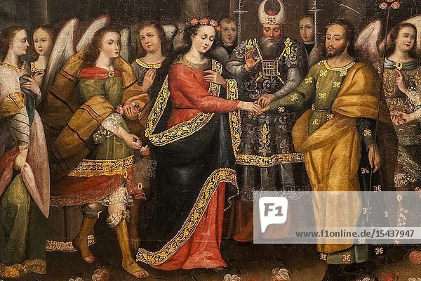Spanish-Peruvian colonial painting anonymous painting Betrothal of the Virgin. Lima Art Museum Lima Peru.
