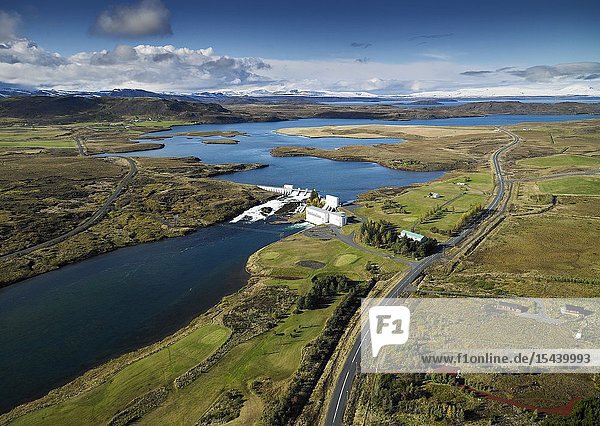 Coastline Sellfoss South Coast Iceland. This image is shot from a helicopter. Hydroelectric power plant Ulfljotsvatn lake Ljosafoss Power Station Sellfoss Iceland. Helicopter view.