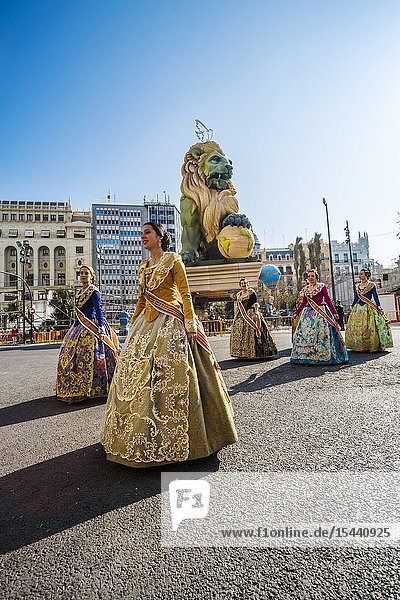 Fallas festival. Parade. Falleras women in traditional dress. Valencia. Valencian Community. Spain.