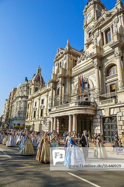 Fallas festival. Parade. Falleras women in traditional dress. Valencia. Valencian Community. Spain.