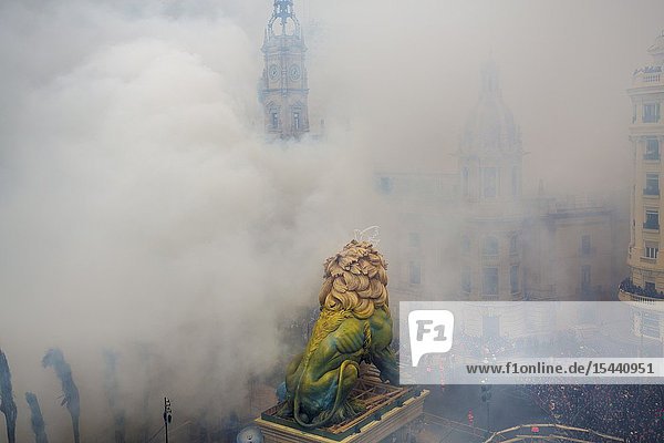 Mascleta. Fire crackers during Fallas festival. Valencia. Valencian Community. Spain.