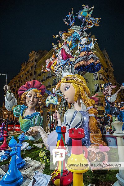 Fallas festival. Falla. Ninots figures to be burnt during fallas festival. Valencia. Valencian Community. Spain.