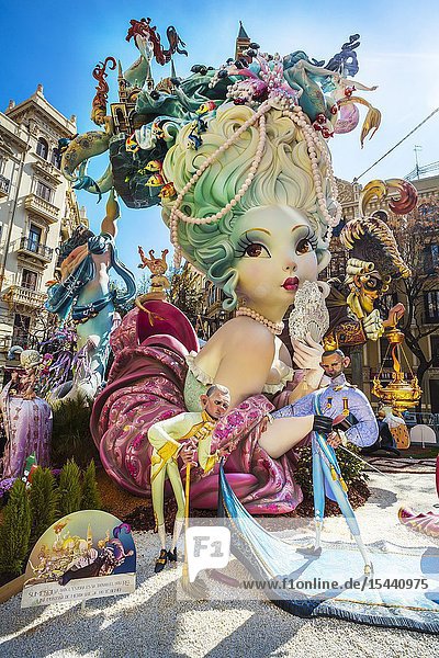 Fallas festival. Falla. Ninots figures to be burnt during fallas festival. Valencia. Valencian Community. Spain.