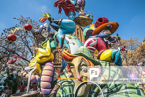 Fallas festival. Falla. Ninots figures to be burnt during fallas festival. Valencia. Valencian Community. Spain.