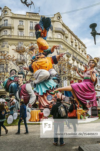 Fallas festival. Falla. Ninots figures to be burnt during fallas festival. Valencia. Valencian Community. Spain.
