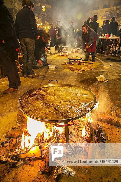 Fallas festival. Paella contest. Preparing to make a paella. Rice dish traditional Valencian food. Valencia. Valencian Community. Spain.