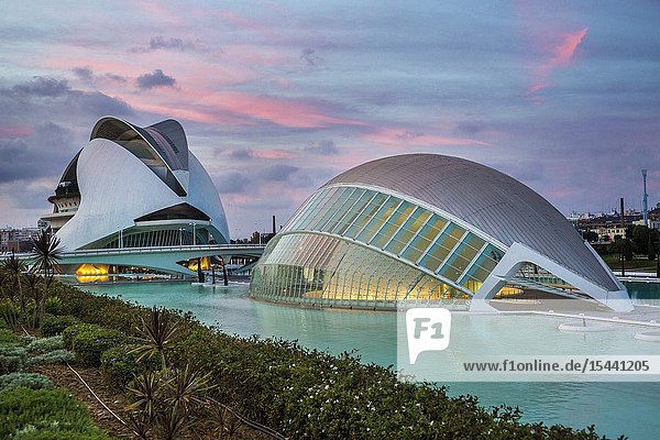 In the foreground Hemisferic. In the background Queen Sofia Arts Palace.City of Arts and Sciences. Architect Santiago Calatrava. Valencia. Comunidad Valencia. Spain. Europe.