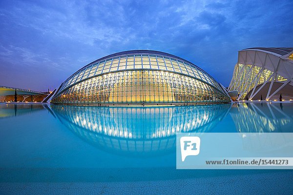 In the foreground Hemisferic. In the background Principe Felipe Science Museum. City of Arts and Sciences.Architect Santiago Calatrava. Valencia. Comunidad Valencia. Spain. Europe..