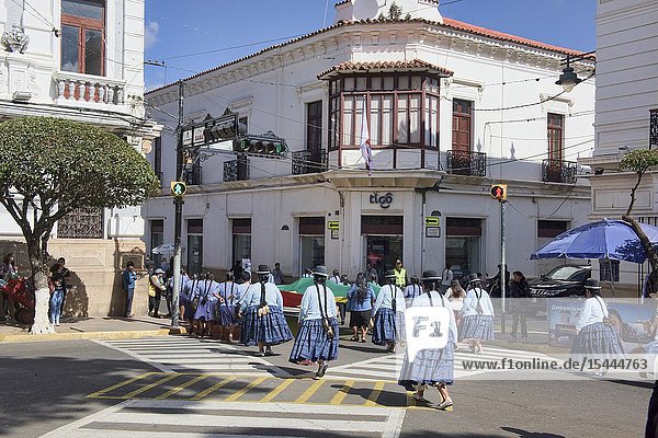 Cholitas marching in the streets during a workers' protest Sucre Bolivia.