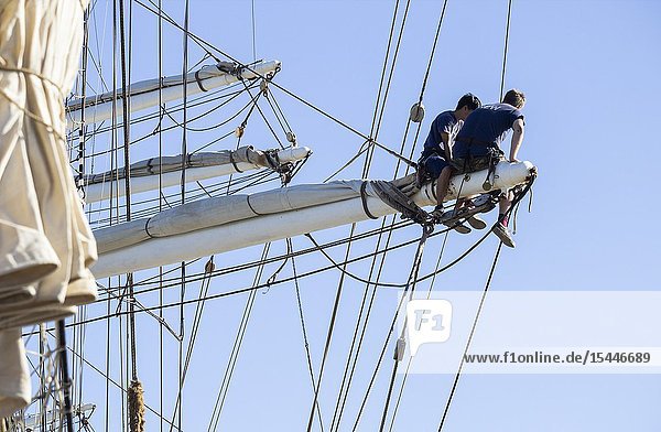 Las Palmas Gran Canaria Canary Islands Spain. 18th December 2018. Crew of Norwegian tall ship Christian Radich on the rigging.