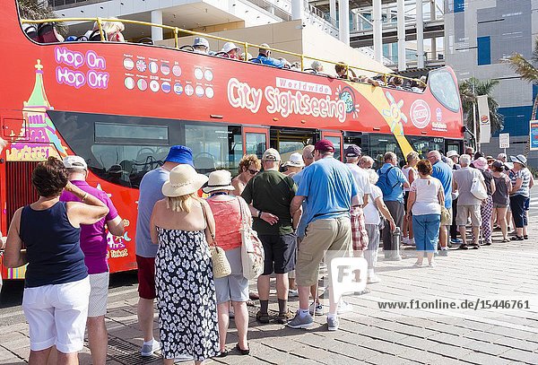 Las Palmas Gran Canaria Canary Islands Spain. British tourists from cruise ship boarding city sightseeing bus.
