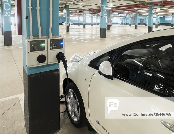 Electric car charging point in shopping centre car park on Gran Canaria Canary Islands Spain.