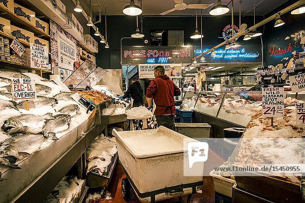 Fresh seafood at Pikes Place Fish Market  Seattle  Washington.