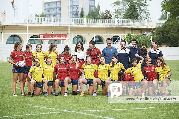 Queen Letizia of Spain assists to the training of the ‘National Women's Rugby Team 7’ participating in the next pre-Olympic tournament at Rugby Stadium of the Complutense University on July 4 2019 in Madrid Spain