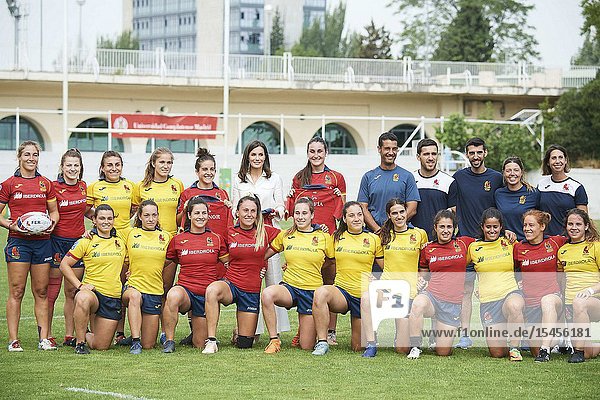Queen Letizia of Spain assists to the training of the ‘National Women's Rugby Team 7’ participating in the next pre-Olympic tournament at Rugby Stadium of the Complutense University on July 4 2019 in Madrid Spain