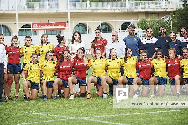 Queen Letizia of Spain assists to the training of the ‘National Women's Rugby Team 7’ participating in the next pre-Olympic tournament at Rugby Stadium of the Complutense University on July 4 2019 in Madrid Spain