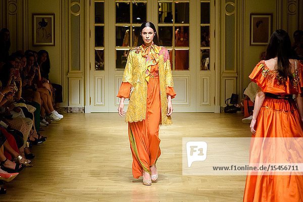 PARIS  FRANCE - June 30 : A model walks the runway during the Fouad Guerfi Show As part of the Oriental Fashion Show during the Paris Fashion Week Haute Couture Fall Winter 2019/2020 on June 30  2019 in Paris  France. (Photo by Ahmed Hadjouti)