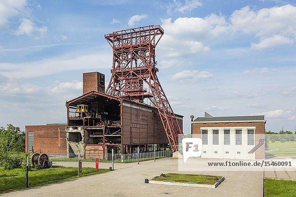 Gelsenkirchen Bismarck D-Gelsenkirchen D-Gelsenkirchen-Bismarck Ruhr area Westphalia North Rhine-Westphalia NRW former coalmine Consolidation 3/4/9 of the Ruhrkohle AG shaft mine Consol hard coal mine pit tower shaft 9 and machine hall in the Consol Park central hoisting shaft industrial monument Route of Industrial Heritage *** Local Caption ***.