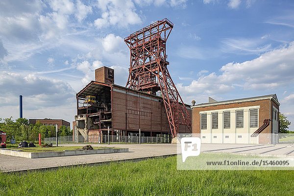 Gelsenkirchen Bismarck D-Gelsenkirchen D-Gelsenkirchen-Bismarck Ruhr area Westphalia North Rhine-Westphalia NRW former coalmine Consolidation 3/4/9 of the Ruhrkohle AG shaft mine Consol hard coal mine pit tower shaft 9 and machine hall in the Consol Park central hoisting shaft industrial monument Route of Industrial Heritage *** Local Caption ***.