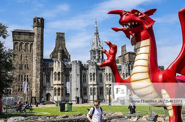 Cardiff Castle and Welsh Dragon sculpture Cardiff Wales.