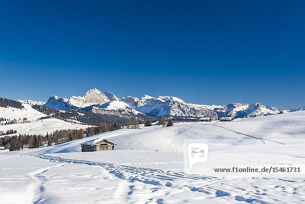 Mountain huts in the snowy plateau of Alpe di Siusi / Seiser Alm Dolomites South Tyrol Italy.