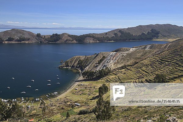 Boats in the bay and agricultural terracing on Isla del Sol Lake Titicaca Bolivia.