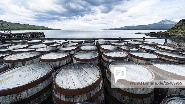 View of whisky barrels at Bunnahabhain Distillery on island of Islay in Inner Hebrides of Scotland UK.