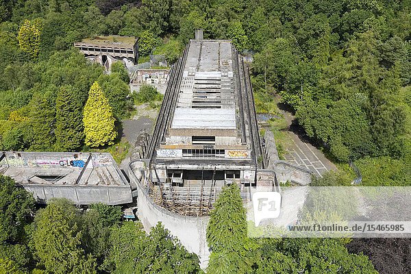 Elevated view of ruined building of former St Peter's Seminary in Cardross Argyll and Bute Scotland UK. Grade A listed Architect Gillespie Kidd & Coia.